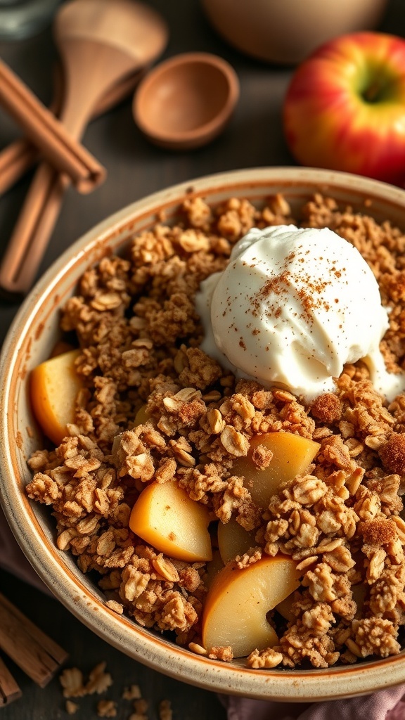 Apple Cinnamon Breakfast Crumble Recipe A delicious apple cinnamon breakfast crumble with oat topping and vanilla ice cream in a rustic dish.